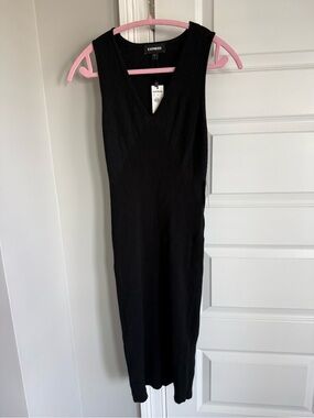 Express Black Ribbed V-Neck Midi Slip Dress